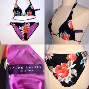 Ralph Lauren Purple Label Black Floral Bikini with Coral & Purple Accents